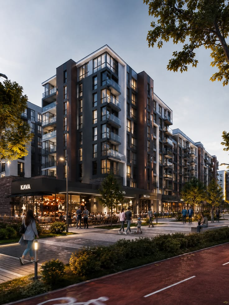 Mixed-use development with apartments above retail stores